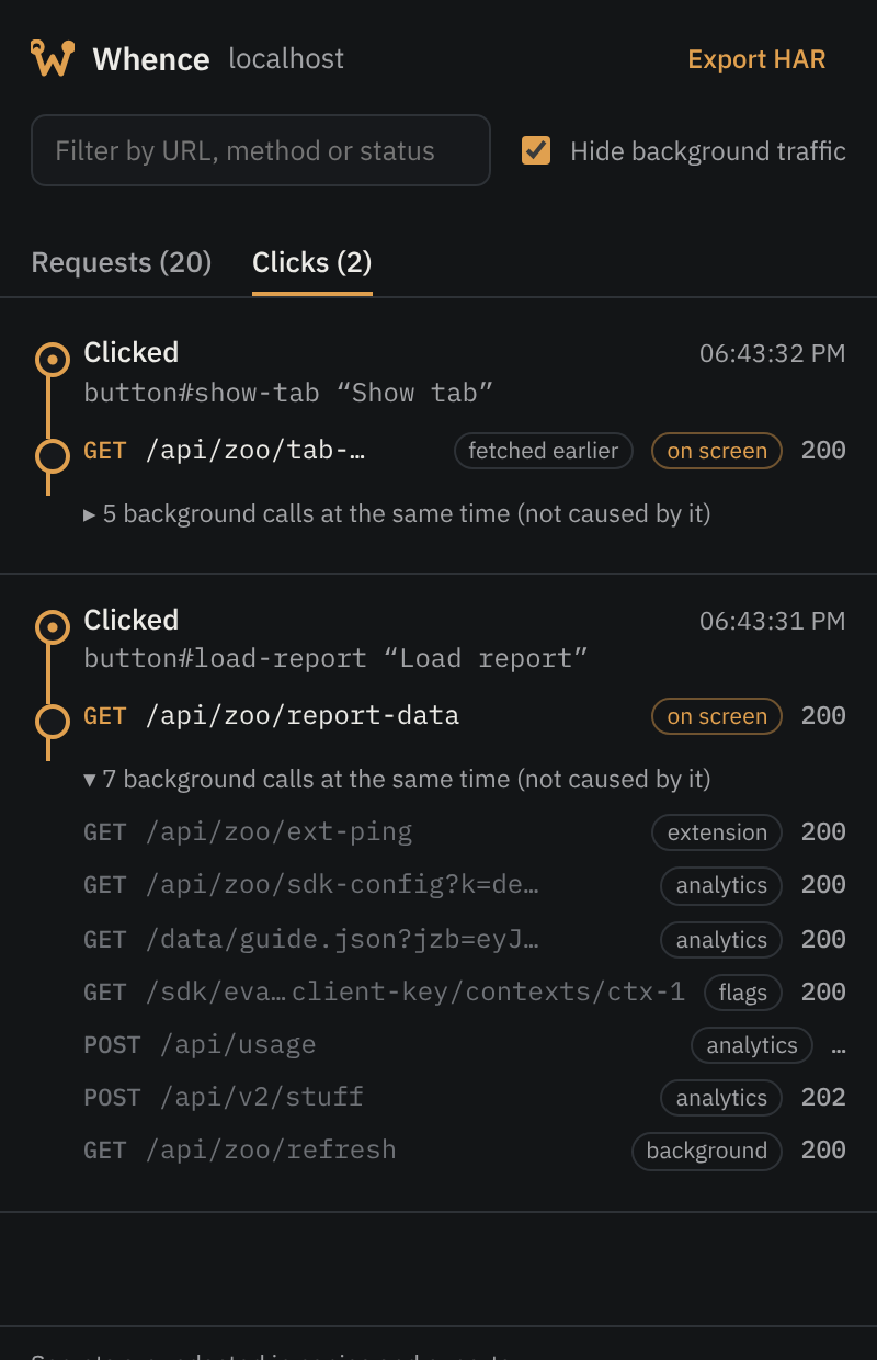 The Clicks view of the side panel: each click with the requests it caused, and a folded list of background calls that happened at the same time.